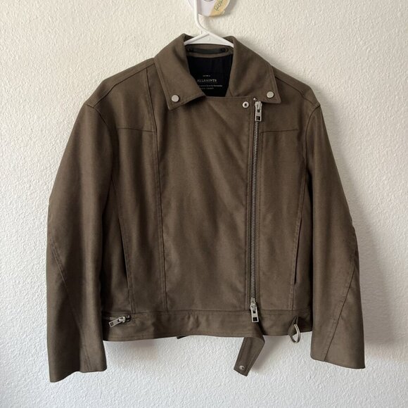 All Saints Green Brown Balfern Biker Suede Jacket Size US 2 MISSING BELT - Picture 5 of 6